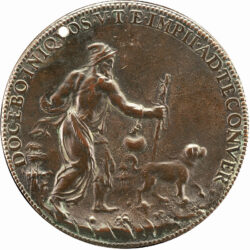 Die Bronzemünze zeigt einen Blinden Mann mit Stab und Wasserflasche, der von einem Hund geführt wird.